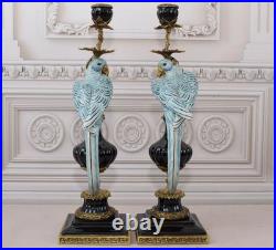 CANDLE HOLDERS BRONZE PAIR PORCELAIN PARROT MOUNTED Candlesticks Birds Decor Art