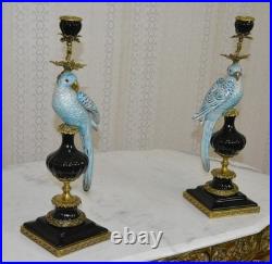 CANDLE HOLDERS BRONZE PAIR PORCELAIN PARROT MOUNTED Candlesticks Birds Decor Art