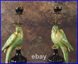 CANDLE HOLDERS BRONZE PAIR PORCELAIN PARROT MOUNTED Candlesticks Birds Decor Art