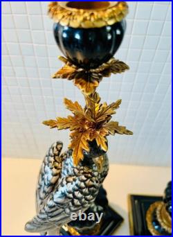 CANDLE HOLDERS BRONZE PAIR PORCELAIN PARROT MOUNTED Candlesticks Birds Decor Art
