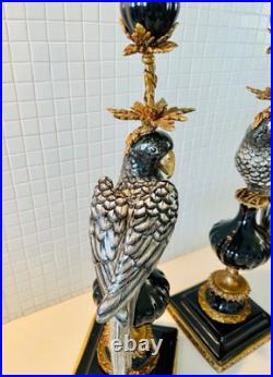 CANDLE HOLDERS BRONZE PAIR PORCELAIN PARROT MOUNTED Candlesticks Birds Decor Art