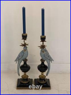 CANDLE HOLDERS BRONZE PAIR PORCELAIN PARROT MOUNTED Candlesticks Birds Decor Art
