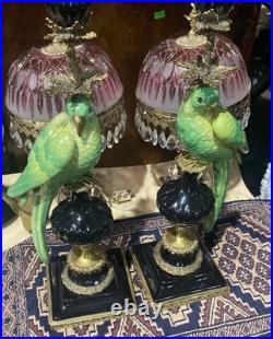 CANDLE HOLDERS BRONZE PAIR PORCELAIN PARROT MOUNTED Candlesticks Birds Decor Art