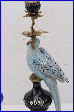 CANDLE HOLDERS BRONZE PAIR PORCELAIN PARROT MOUNTED Candlesticks Birds Decor Art