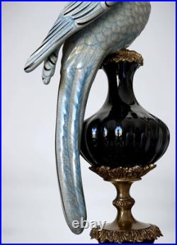 CANDLE HOLDERS BRONZE PAIR PORCELAIN PARROT MOUNTED Candlesticks Birds Decor Art