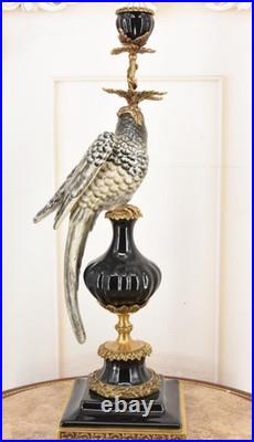 CANDLE HOLDERS BRONZE PAIR PORCELAIN PARROT MOUNTED Candlesticks Birds Decor Art