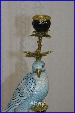 CANDLE HOLDERS BRONZE PAIR PORCELAIN PARROT MOUNTED Candlesticks Birds Decor Art