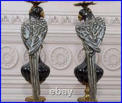 CANDLE HOLDERS BRONZE PAIR PORCELAIN PARROT MOUNTED Candlesticks Birds Decor Art