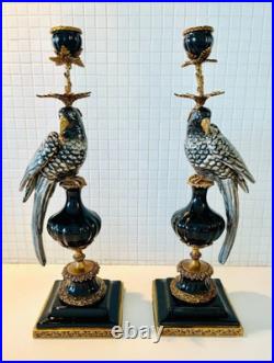 CANDLE HOLDERS BRONZE PAIR PORCELAIN PARROT MOUNTED Candlesticks Birds Decor Art
