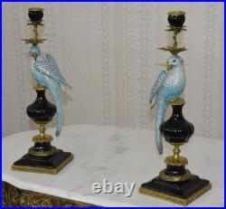 CANDLE HOLDERS BRONZE PAIR PORCELAIN PARROT MOUNTED Candlesticks Birds Decor Art
