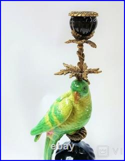 CANDLE HOLDERS BRONZE PAIR PORCELAIN PARROT MOUNTED Candlesticks Birds Decor Art