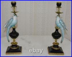 CANDLE HOLDERS BRONZE PAIR PORCELAIN PARROT MOUNTED Candlesticks Birds Decor Art