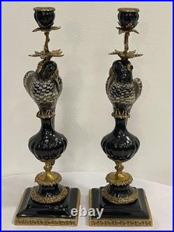 CANDLE HOLDERS BRONZE PAIR PORCELAIN PARROT MOUNTED Candlesticks Birds Decor Art