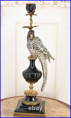 CANDLE HOLDERS BRONZE PAIR PORCELAIN PARROT MOUNTED Candlesticks Birds Decor Art