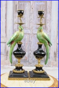 CANDLE HOLDERS BRONZE PAIR PORCELAIN PARROT MOUNTED Candlesticks Birds Decor Art