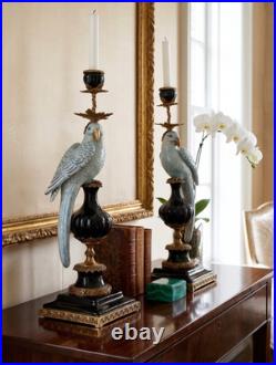 CANDLE HOLDERS BRONZE PAIR PORCELAIN PARROT MOUNTED Candlesticks Birds Decor Art