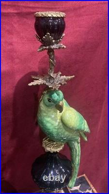CANDLE HOLDERS BRONZE PAIR PORCELAIN PARROT MOUNTED Candlesticks Birds Decor Art
