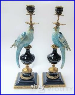 CANDLE HOLDERS BRONZE PAIR PORCELAIN PARROT MOUNTED Candlesticks Birds Decor Art