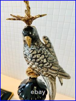 CANDLE HOLDERS BRONZE PAIR PORCELAIN PARROT MOUNTED Candlesticks Birds Decor Art