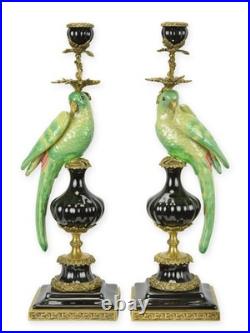 CANDLE HOLDERS BRONZE PAIR PORCELAIN PARROT MOUNTED Candlesticks Birds Decor Art