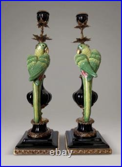 CANDLE HOLDERS BRONZE PAIR PORCELAIN PARROT MOUNTED Candlesticks Birds Decor Art