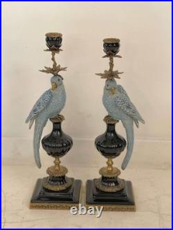 CANDLE HOLDERS BRONZE PAIR PORCELAIN PARROT MOUNTED Candlesticks Birds Decor Art