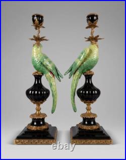CANDLE HOLDERS BRONZE PAIR PORCELAIN PARROT MOUNTED Candlesticks Birds Decor Art