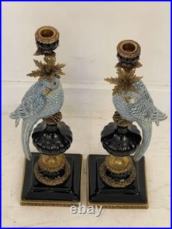 CANDLE HOLDERS BRONZE PAIR PORCELAIN PARROT MOUNTED Candlesticks Birds Decor Art