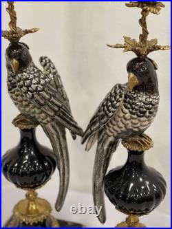 CANDLE HOLDERS BRONZE PAIR PORCELAIN PARROT MOUNTED Candlesticks Birds Decor Art
