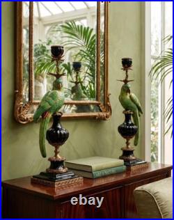 CANDLE HOLDERS BRONZE PAIR PORCELAIN PARROT MOUNTED Candlesticks Birds Decor Art