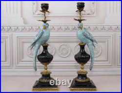 CANDLE HOLDERS BRONZE PAIR PORCELAIN PARROT MOUNTED Candlesticks Birds Decor Art