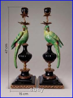 CANDLE HOLDERS BRONZE PAIR PORCELAIN PARROT MOUNTED Candlesticks Birds Decor Art