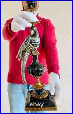 CANDLE HOLDERS BRONZE PAIR PORCELAIN PARROT MOUNTED Candlesticks Birds Decor Art
