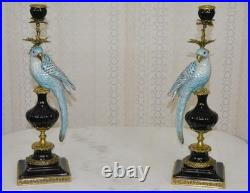 CANDLE HOLDERS BRONZE PAIR PORCELAIN PARROT MOUNTED Candlesticks Birds Decor Art