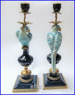 CANDLE HOLDERS BRONZE PAIR PORCELAIN PARROT MOUNTED Candlesticks Birds Decor Art