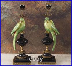 CANDLE HOLDERS BRONZE PAIR PORCELAIN PARROT MOUNTED Candlesticks Birds Decor Art