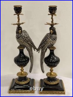 CANDLE HOLDERS BRONZE PAIR PORCELAIN PARROT MOUNTED Candlesticks Birds Decor Art