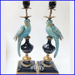 CANDLE HOLDERS BRONZE PAIR PORCELAIN PARROT MOUNTED Candlesticks Birds Decor Art