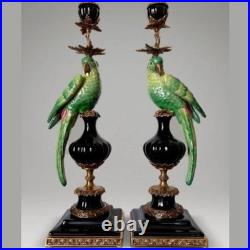 CANDLE HOLDERS BRONZE PAIR PORCELAIN PARROT MOUNTED Candlesticks Birds Decor Art