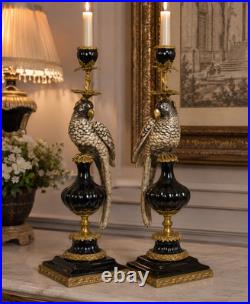 CANDLE HOLDERS BRONZE PAIR PORCELAIN PARROT MOUNTED Candlesticks Birds Decor Art