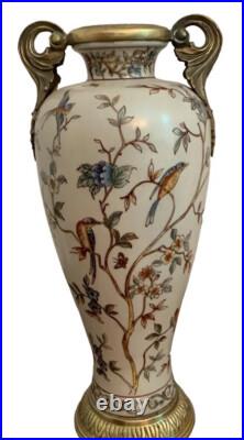 CRACKLED Porcelain VASE BIRDS BLOSSOMS White Gilded Gold Double Handled Vase 11