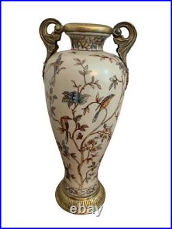 CRACKLED Porcelain VASE BIRDS BLOSSOMS White Gilded Gold Double Handled Vase 11