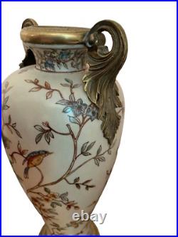 CRACKLED Porcelain VASE BIRDS BLOSSOMS White Gilded Gold Double Handled Vase 11