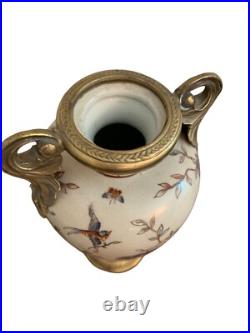 CRACKLED Porcelain VASE BIRDS BLOSSOMS White Gilded Gold Double Handled Vase 11