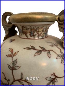 CRACKLED Porcelain VASE BIRDS BLOSSOMS White Gilded Gold Double Handled Vase 11