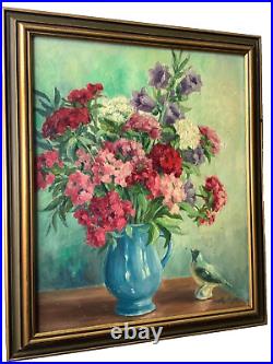 C. 1950's by Mathy LAGE Bouquet of Flowers and Porcelain Bird Oil Painting