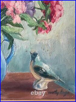C. 1950's by Mathy LAGE Bouquet of Flowers and Porcelain Bird Oil Painting