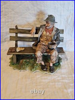Capodimonte Porcelain Figurine Tramp on Bench Feeding Birds Large Size