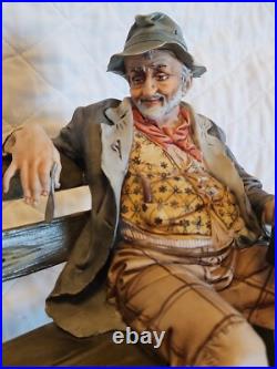 Capodimonte Porcelain Figurine Tramp on Bench Feeding Birds Large Size