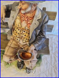 Capodimonte Porcelain Figurine Tramp on Bench Feeding Birds Large Size